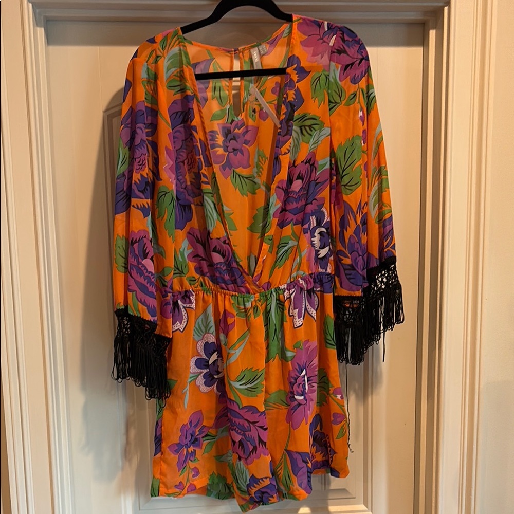 Vibrant Floral Kimono Romper with Fringe